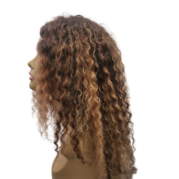 Honey brown Blond Highlight HUMAN HAIR CURLY Wig. Glueless pre cut lace front - Picture 7 of 8